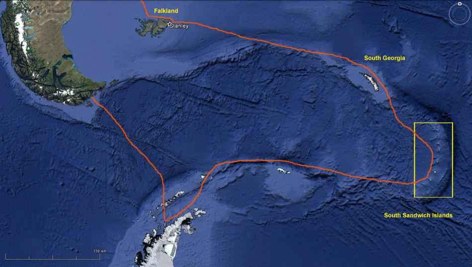 Die Expedition führte von Puerto Madryn und die Falklands, South Georgia zu den South Sandwich Islands. Weiter ging es zur Antarktischen Halbinsel und endete in Ushuaia an der Südspitze von Argentinien.