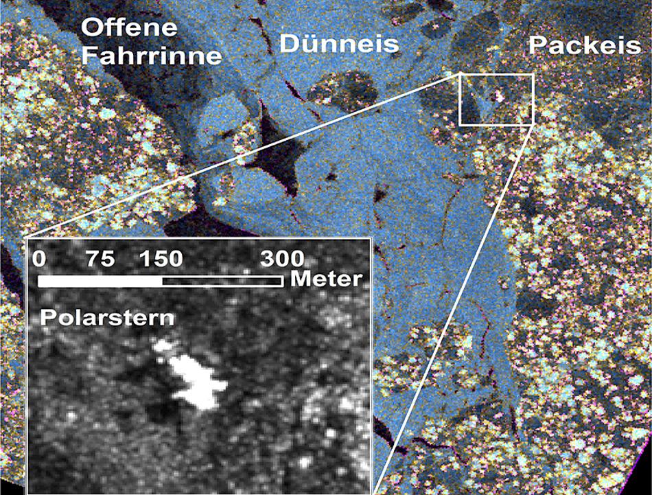 Das Deutsche Zentrum für Luft- und Raumfahrt (DLR) arbeitet an einem satellitengestützten Verfahren, das die Navigation von Schiffen in eisbedeckten Gewässern erheblich erleichtert. Die Satellitenszene aufgenommen am 03 September 2013 zeigt den deutschen Forschungseisbrecher Polarstern am Rande einer grossen Packeisscholle. Neben der Navigation lassen die Satellitenszenen auch Rückschlüsse über das Alter und die Beschaffenheit des Eises zu Abbildung: Thomas Krumpen, AWI.