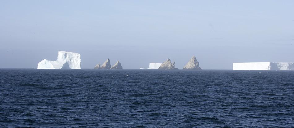 Seltenes Schauspiel - Eisberge die den Shag Rocks. Die sieben aus dem Meer ragenden Felsspitzen liegen zwischen Falkland und South Georgia.