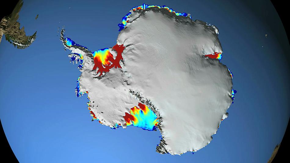 Auf der Grafik sind die gefährdeten Eisschelfe gut zu erkennen.