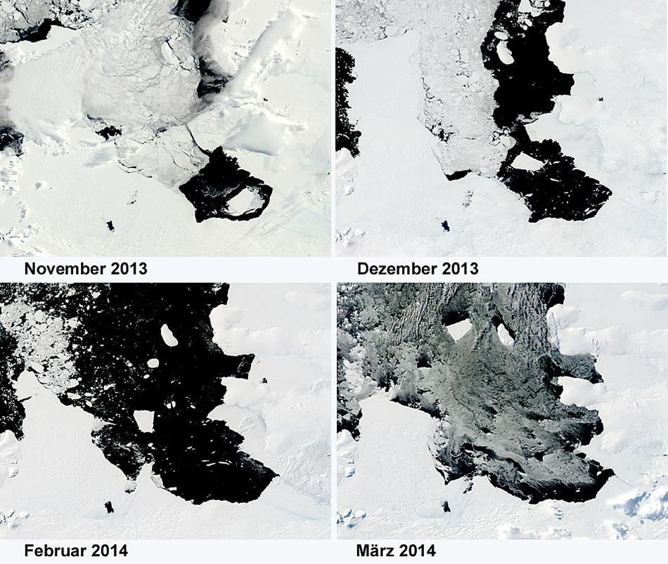 Die Satellitenaufnahmen der NASA zeigen den Verlauf wie der Eisberg B31 die Bucht vor dem Pine Island Gletscher in Richtung offenes Meer verlässt.