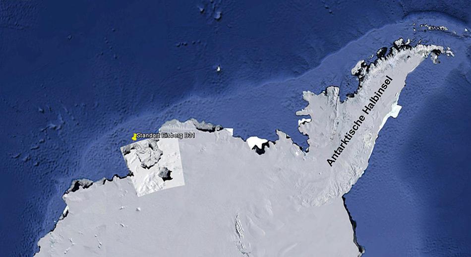 Zu sehen ist der aktuelle Standort des Eisberges. Höchstwahrscheinlich dürfte B31 mit dem Meeresstrom ostwärts in Richtung Antarktische Halbinsel driften.