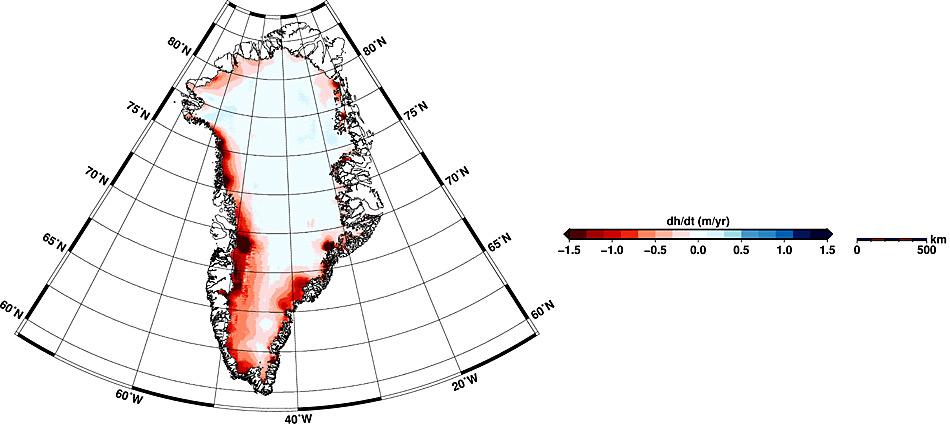 Karte der Höhenveränderungen des grönländischen Eisschildes für den Zeitraum Januar 2011 bis Januar 2014. Die roten Flächen markieren Regionen, in denen die Gletscher in den zurückliegenden drei Jahren an Volumen eingebüßt haben, in den blau schraffierten Regionen sind die Gletscher gewachsen.