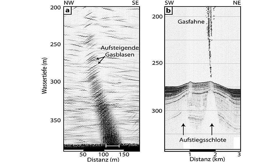 Die Echogramme zeigen eine Gasfahne in der Wassersäule (links) und Aufstiegsschlote, die das Methan im Meeresboden kanalisieren (rechts).