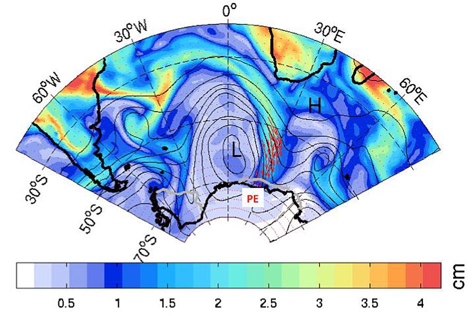 Atmosphärenflüsse treffen auch in der Ostantarktis auf Land. Auf der Karte zeigt L die Tiefdruckrinne des Atmosphärenflusses, H zeigt den blockierenden Hochdruckrücken. Die roten Pfeile zeigen die Richtung des Feuchtigkeitstransportes nach Königin Maud Land in der Ostantarktis und zur belgischen Station (weisses Quadrat). Die Farben zeigen die Feuchtigkeitsmengen in Zentimeter Wasser. Grafik: Irina Gorodetskaya