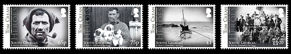 65p, Porträt Tom Crean. 75p, Crean mit Hunden. £ 1, Die «James Caird» verlässt Elephant Island. Frank Hurley und die 21 anderen Expeditionsteilnehmer hoffen auf baldige Rettung. 1,20 £, Die Crew der «Endurance» auf dem Bug des Schiffes. Tom Crean ist 2.vl in der ersten stehenden Reihe.