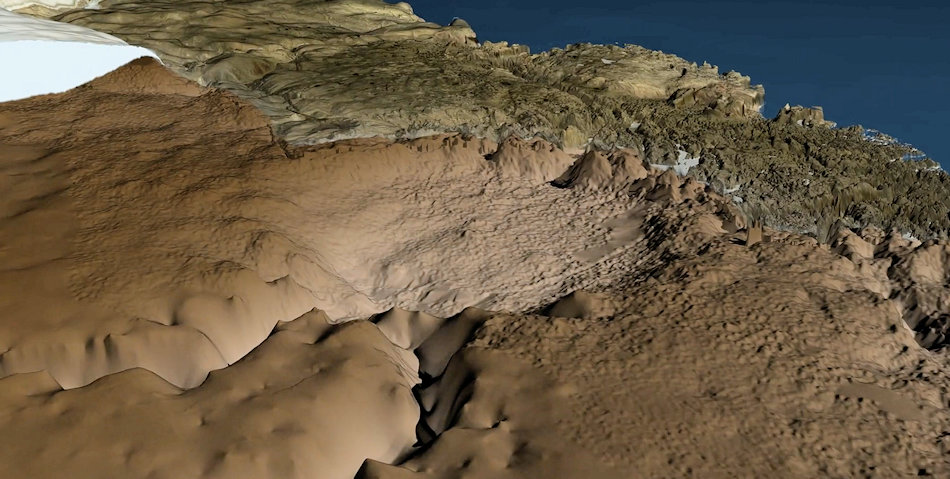 Karte der Untergrund-Topographie unter dem Eisschild und der eisfreien Umgebung des Hiawatha Einschlagkraters. Der Blick geht nach Westen in Richtung Nares-Strasse und Ozean. Der Krater selbst hat einen Durchmesser von mehr als 31 Kilometer. Bild: Natural History Museum of Denmark