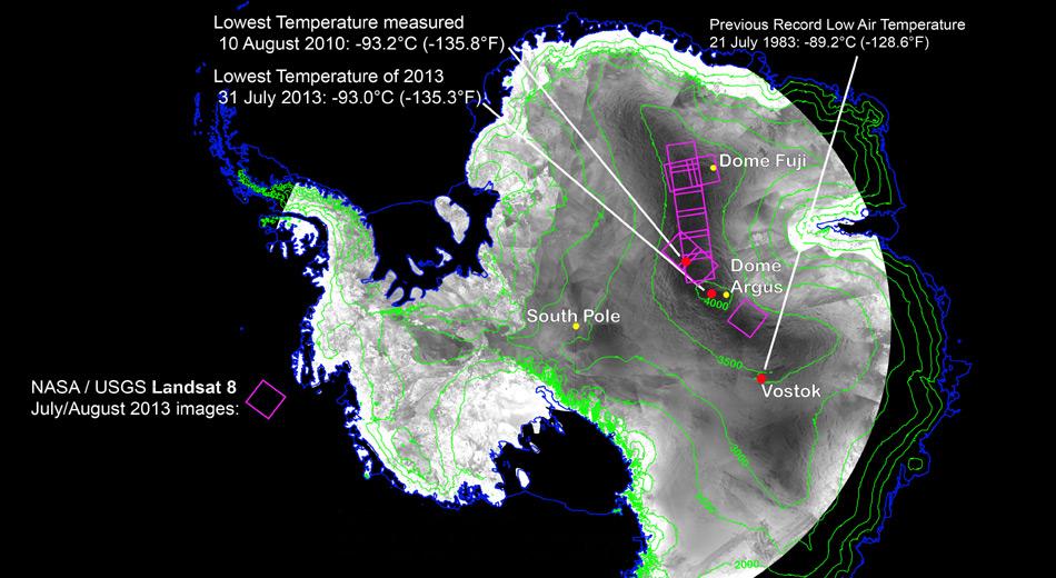 Bisher galten -89,3 Grad Cel. bei der russischen Station Vostok als Kältepol. Mit neuster Satellitentechnik wurden noch tiefere Temperaturen gemessen.