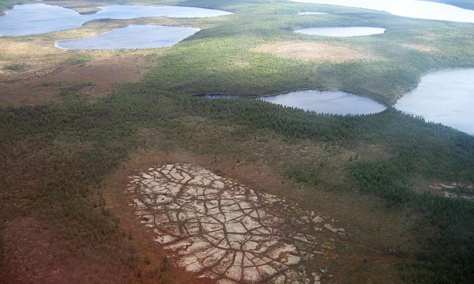 Eine Luftaufnahme mehrerer Thermokarst-Seen und eines leergelaufenen Thermokarst-Beckens in der sibirischen Kolyma-Region. Durch Erosion, Tauprozesse und Sedimentablagerungen verändern sich die Seen ständig, was irgendwann dazu führt, dass sie leerlaufen. Foto: Guido Grosse, AWI