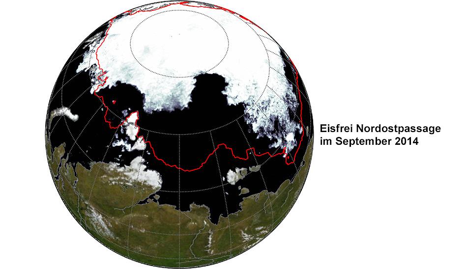 Aktuelle Meereisbedeckung Mitte September 2014 mit einer eisfreien Nordostpassage im Vergleich zur mittleren Ausdehnung 1992-2006 (rote Linie). Grafik: Lars Kaleschke - Universität Hamburg.