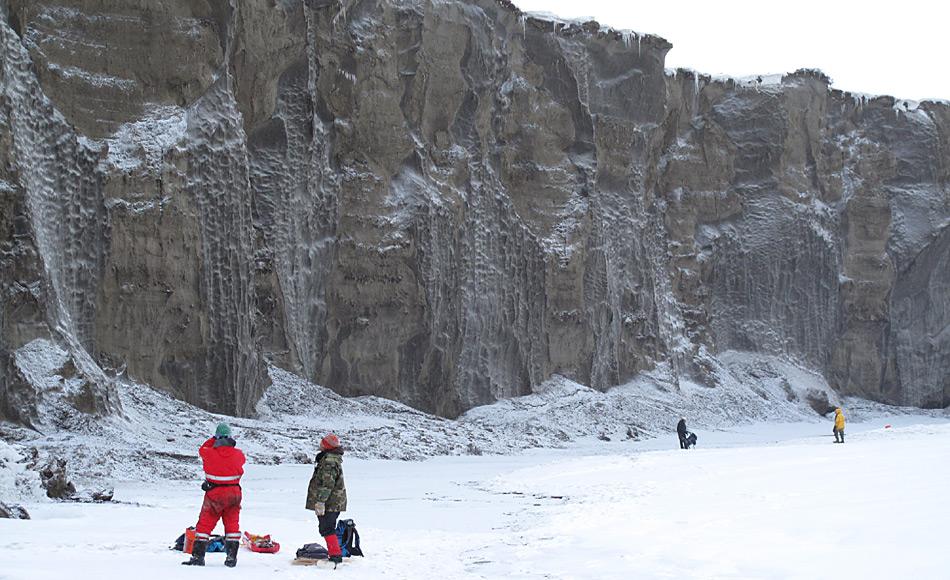 Forscher arbeiten an der 35 Meter hohen und 680 Meter langen Steilwand (Yedoma, Permafrost-Aufschluss) am Itkillit River im Norden Alaskas. Zu erkennen ist das Nebeneinander von bis zu 40 Meter langen Eiskeilen (grau) und Sedimentsäulen (bräunlich). Das Eis der Eiskeile ist bis zu 50.000 Jahre und älter. Foto: AWI, Mikhail Kanevskiy