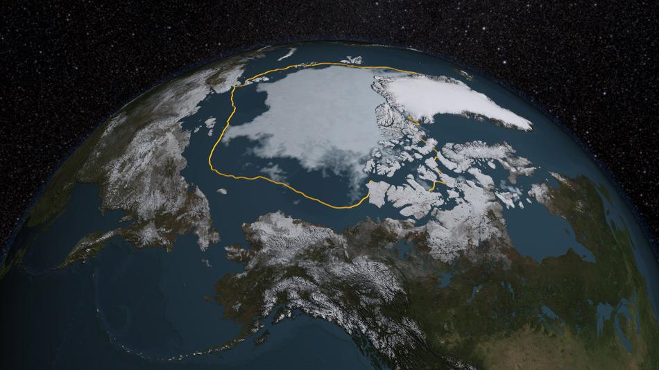 Die NASA verzeichnete im Sommer 2015 die viert-niedrigste Sommereisausdehnung seit Messbeginn. Mehr als 1.7 Millionen Quadratkilometer kleiner war die Fläche als im Durchschnitt gemessen. Karte: NASA Goddard's Scientific Visualization Studio