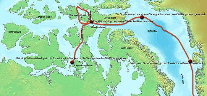 Die Franklin Expedition startete am 19. Mai 1845. Nach einer dritten Überwinterung im Packeis gaben die bis dahin noch am Leben gebliebenen 105 Expeditionsteilnehmer am 22. April 1848 ihre Schiffe auf und unternahmen unter Führung des Kapitäns der «Terror», Francis Crozier, und des nach Franklins Tod die «Erebus» kommandierenden 1. Offiziers James Fitzjames den verzweifelten Versuch, einen etwa 350 km südlich gelegenen Aussenposten der Hudson's Bay Company am Back River zu Fuss zu erreichen. Keiner der Männer erreichte das Ziel.