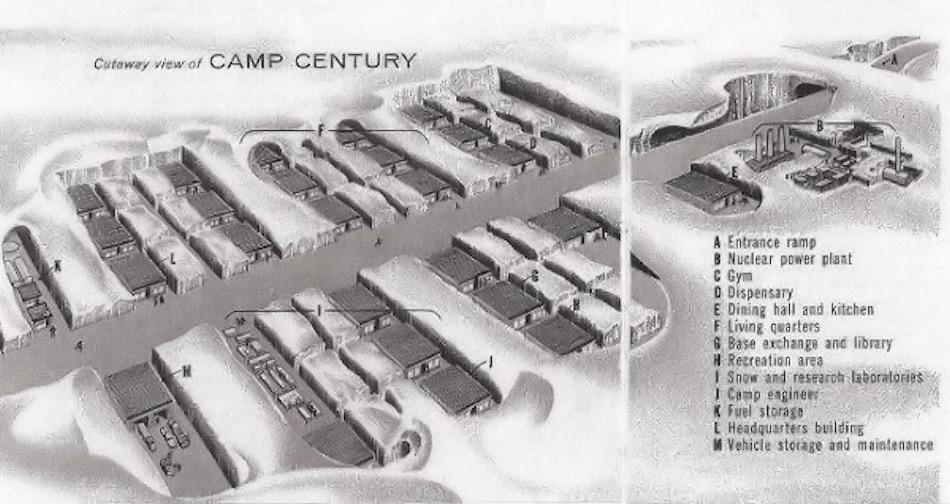 Die Karte zeigt das Camp unter dem Eis. Besonders die Materialien, die für den Bau des Camps verwendet worden waren, könnten jetzt zu Umweltschäden führen.