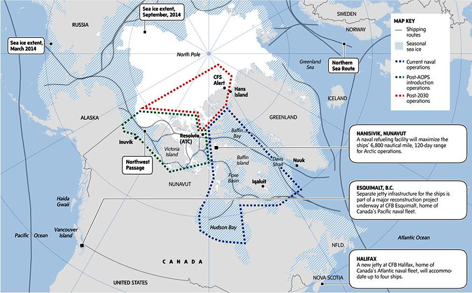 Die Pläne sehen eine Ausweitung der Operationen in arktischen Gewässern durch den Einsatz der AOPS bis zum Nordpol bis 2030 vor (rote Linie). Bild: The Globe and Mail