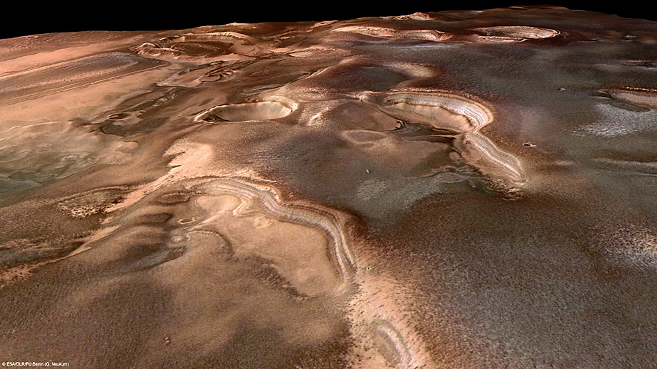 Die Schichten in den Felsen zeigen Eisablagerungen in der südlichen Polarregion des Mars. Das Bild wurde von Mars Express am 15. Januar 2011 mit der High Resolution Stereo Kamera gemacht.